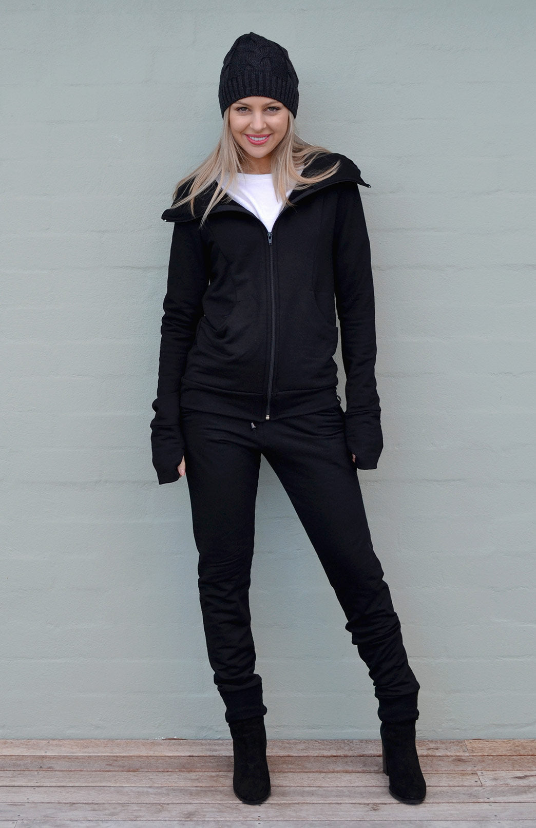 Black Women's Merino Wool and Modal Fitted Zip Jacket with Hood