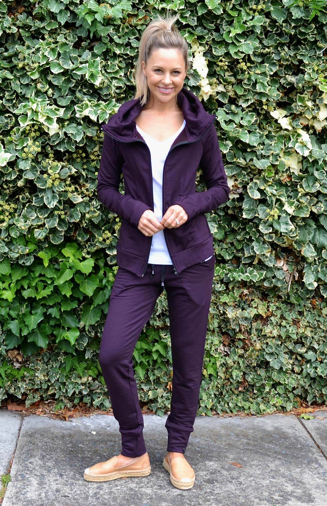 Plum Purple Women's Merino Wool and Modal Fitted Zip Jacket with Hood