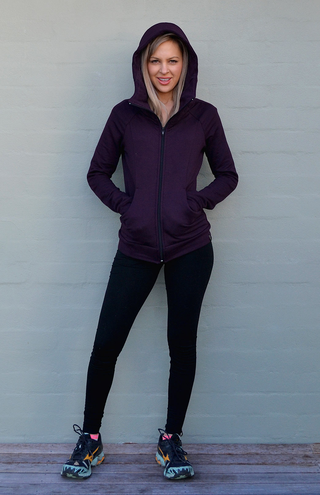 Plum Purple Women's Merino Wool Fleece Zip Jacket with Hood and pockets
