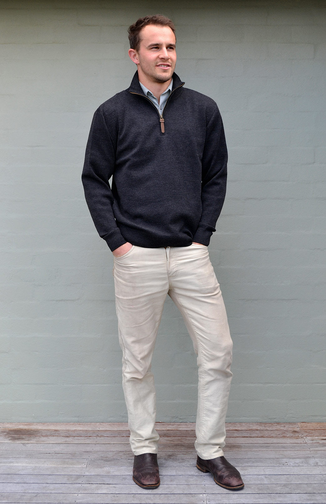 Charcoal Men&#39;s Merino Wool Knitted Zip Neck Jumper
