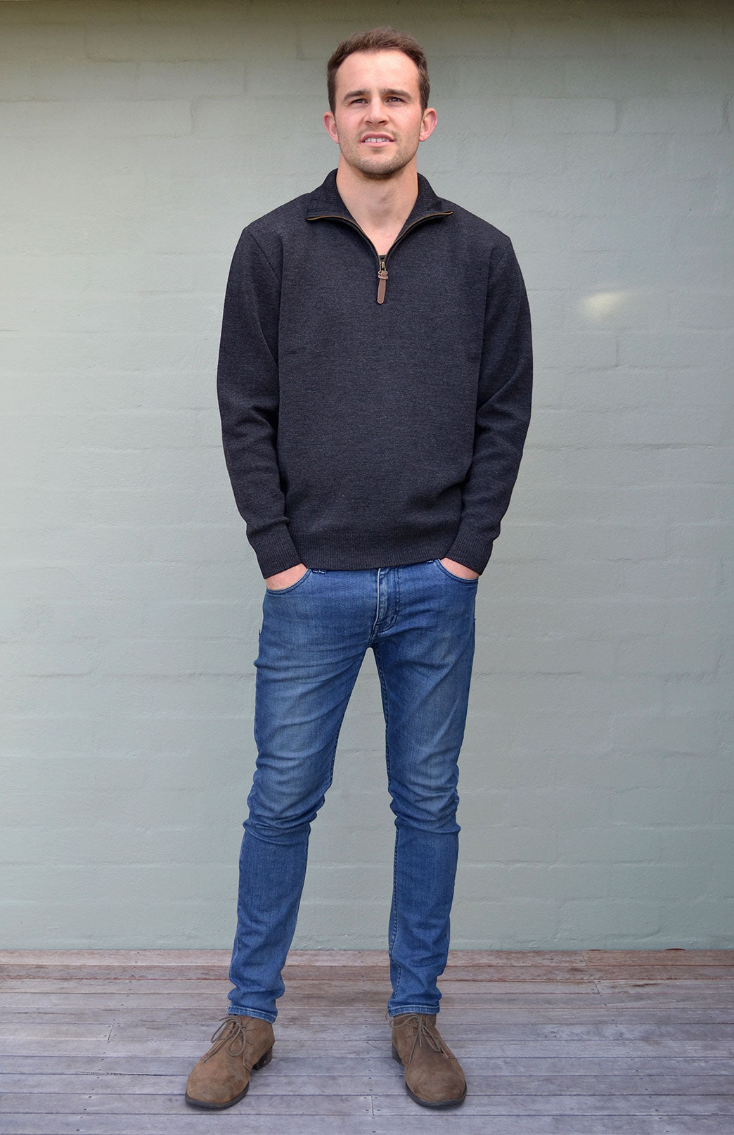 Charcoal Men&#39;s Merino Wool Knitted Zip Neck Jumper
