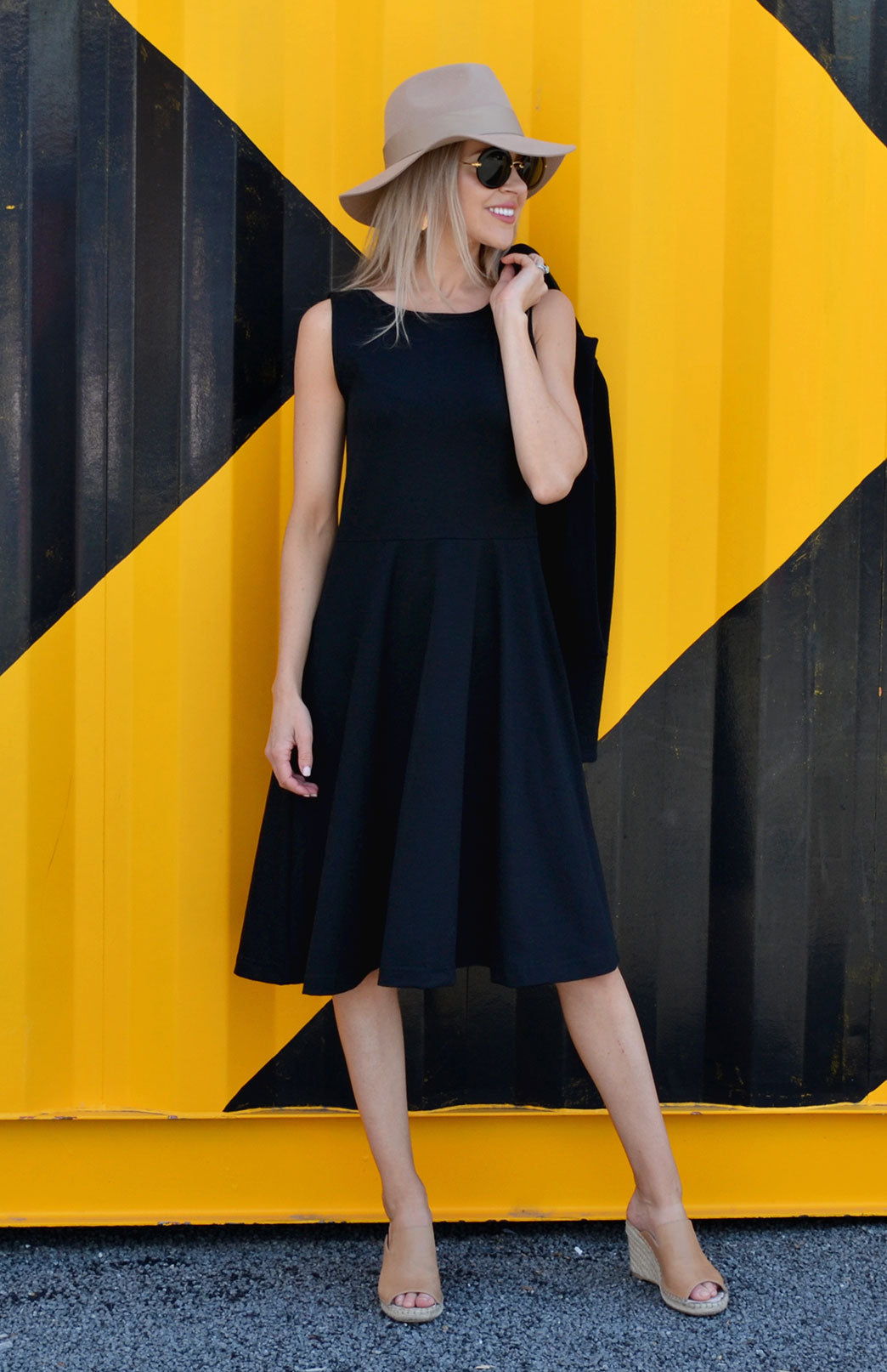 Black Women's Merino Wool Fit and Flare Dress - Sleeveless