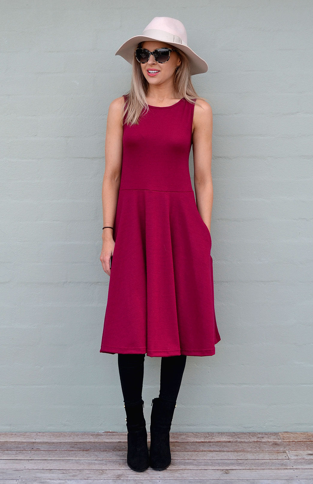 Magenta Women's Merino Wool Fit and Flare Dress - Sleeveless