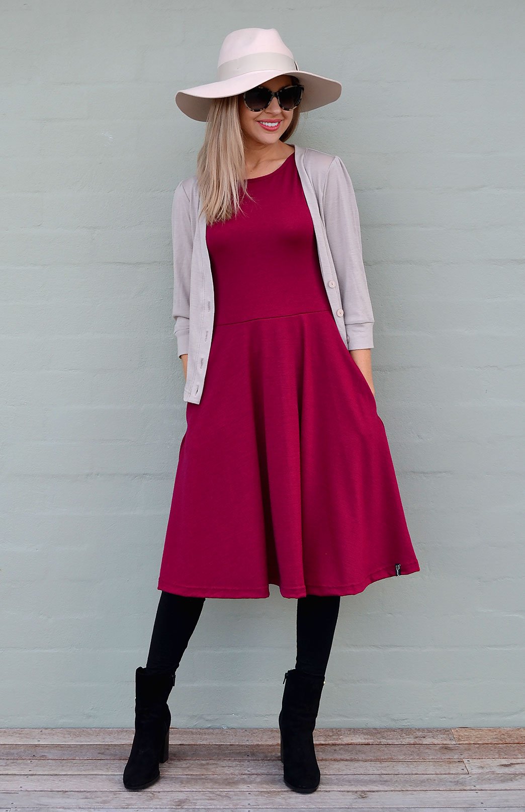Magenta Women's Merino Wool Fit and Flare Dress with 3/4 Sleeves