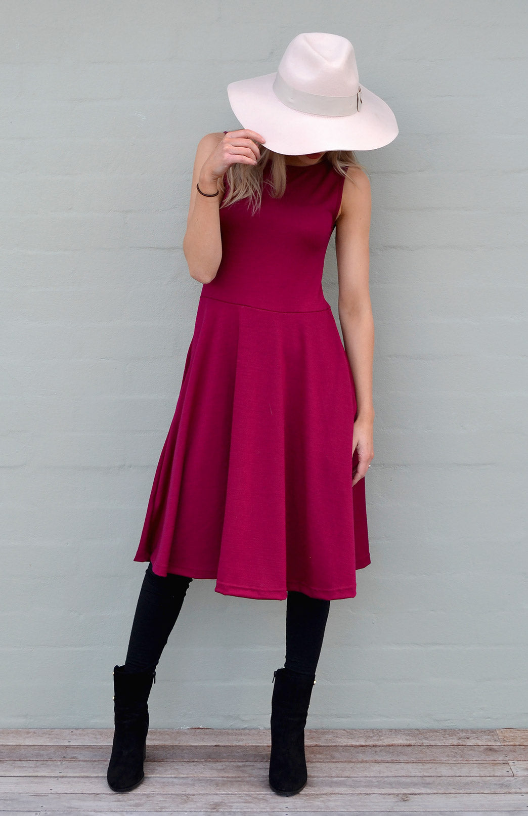 Magenta Women's Merino Wool Fit and Flare Dress - Sleeveless