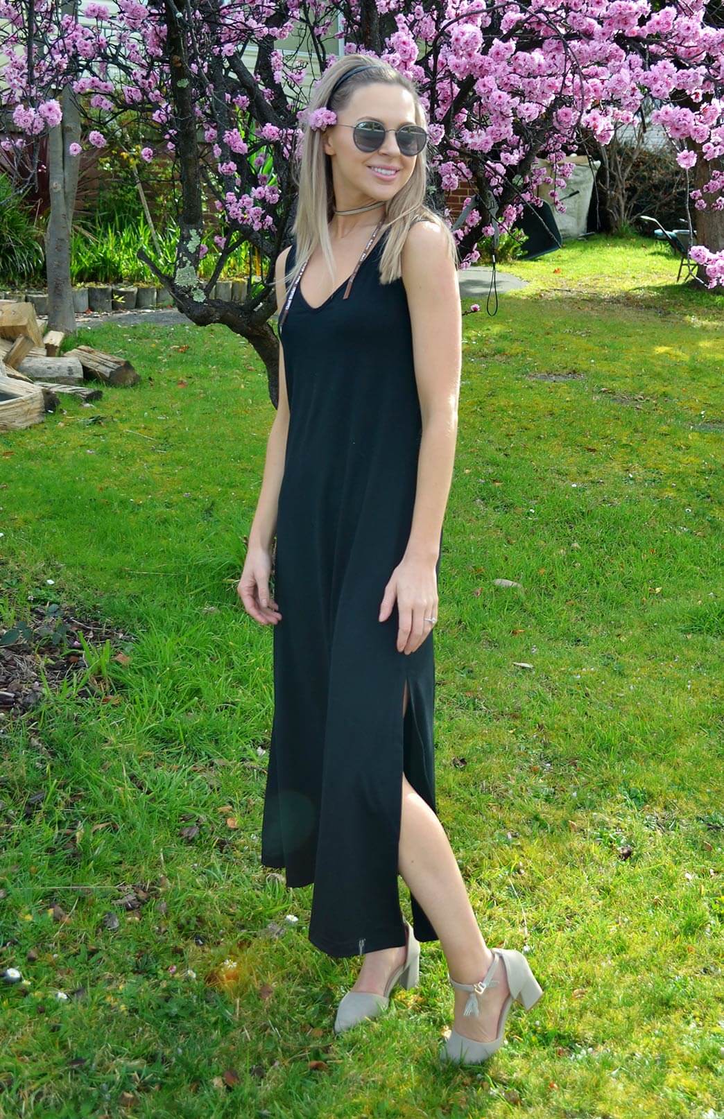 Black Women's V-Neck Lightweight Merino Wool Maxi Dress with side spit
