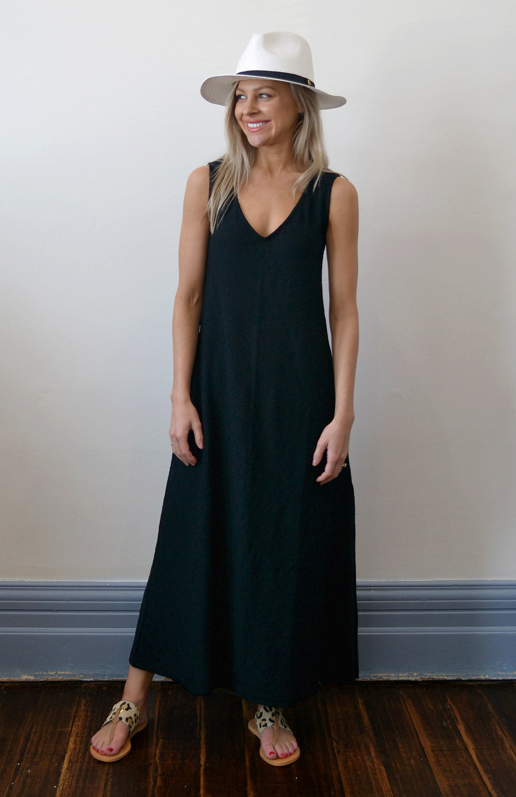 Black Women's V-Neck Lightweight Merino Wool Maxi Dress with side spit
