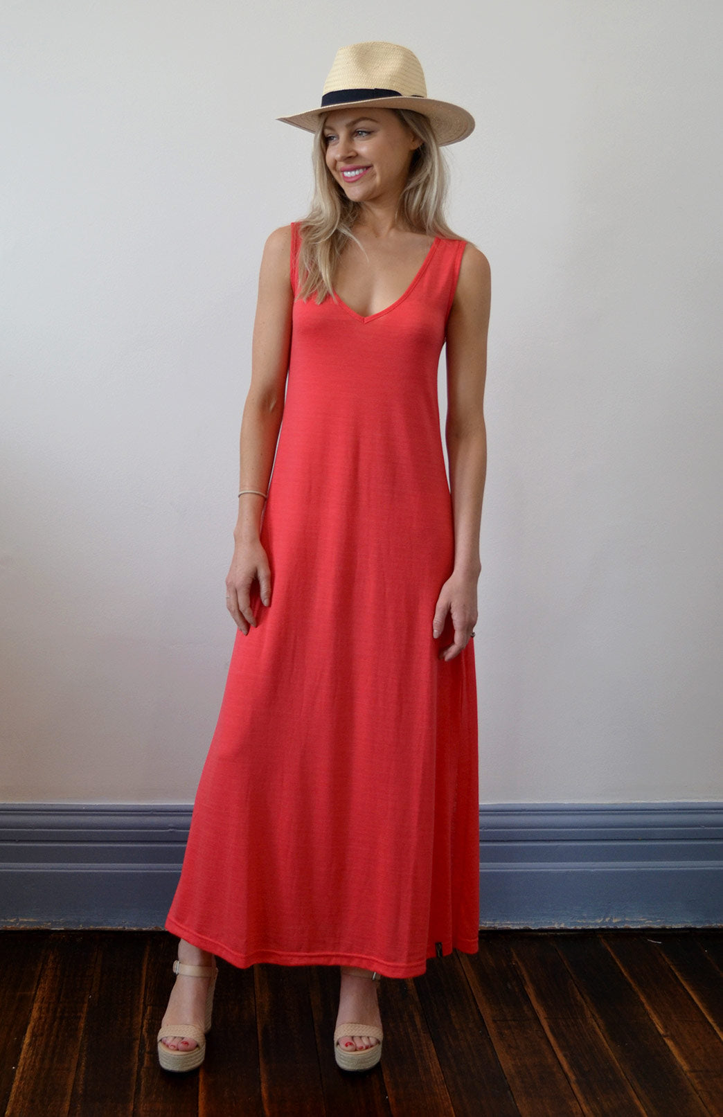 Hot Coral Women's V-Neck Lightweight Merino Wool Maxi Dress with side spit