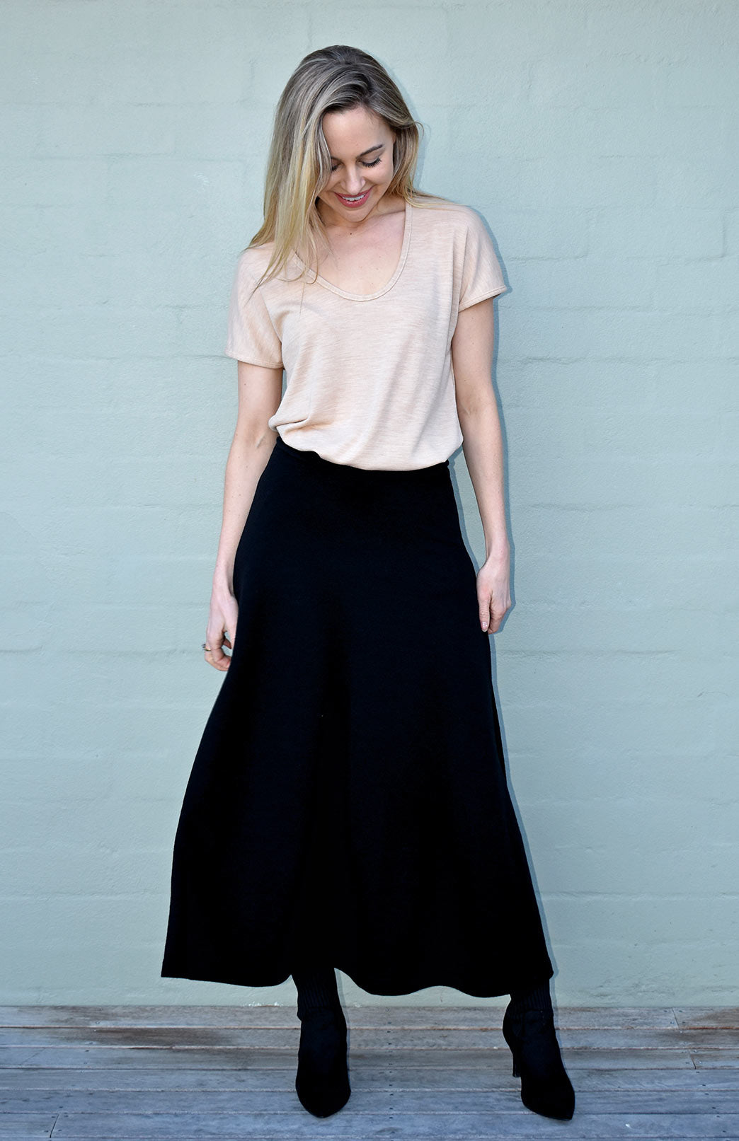 Black Women&#39;s Merino Wool Ponte A-Line Midi Skirt
