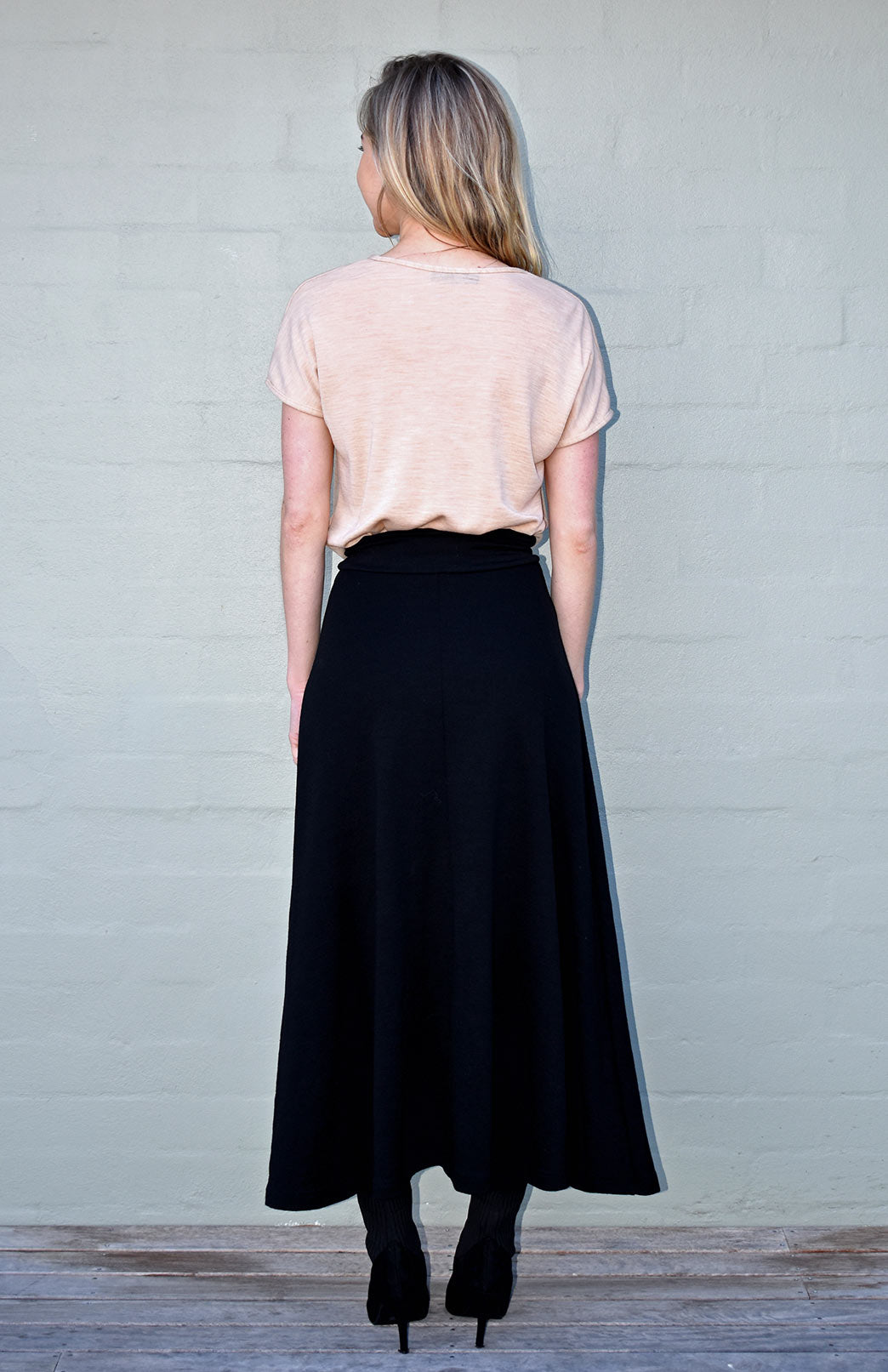 Black Women's Merino Wool Ponte A-Line Midi Skirt