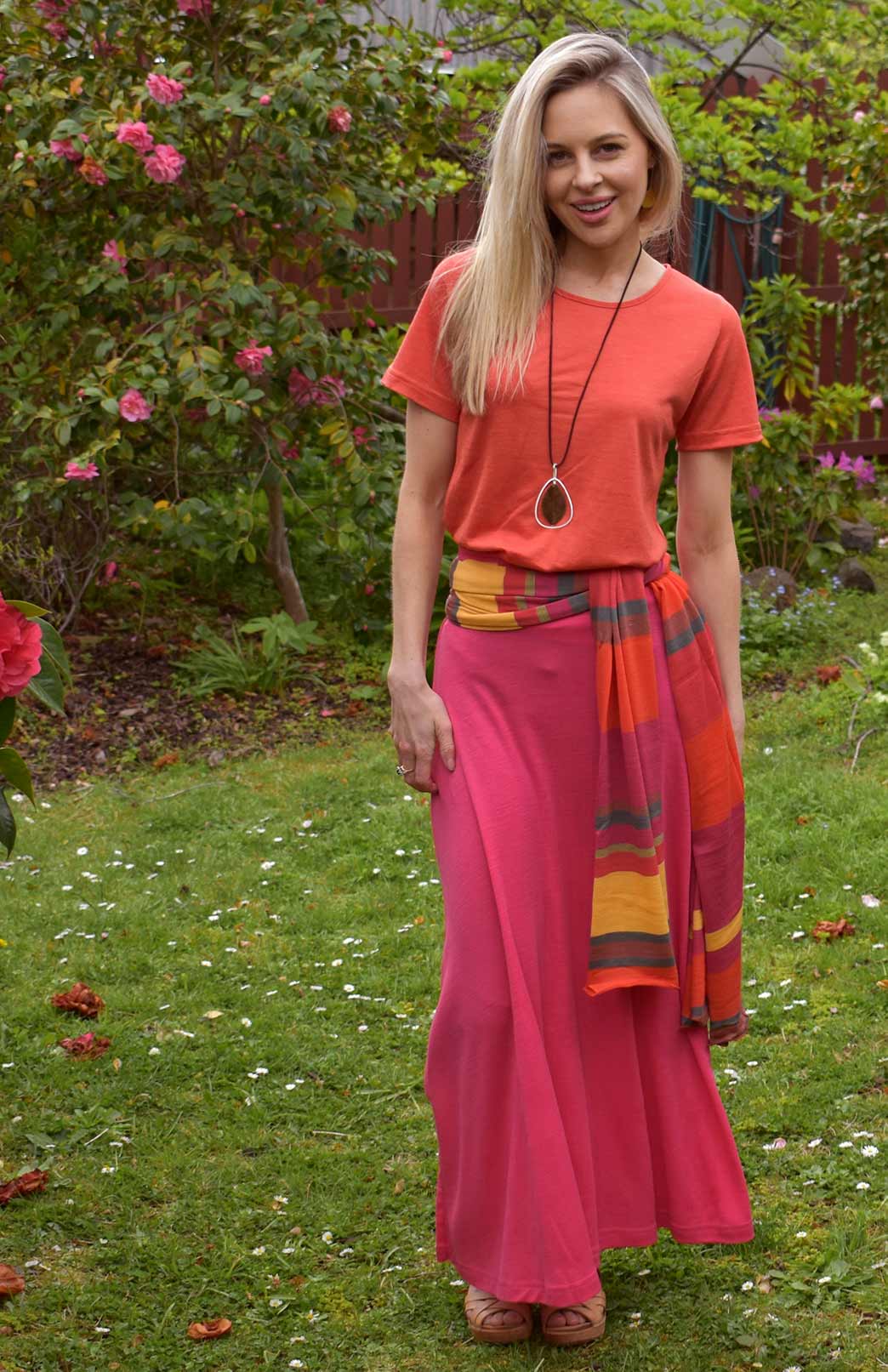 Lipstick Pink Women's Merino Wool Midweight A-Line Midi Skirt