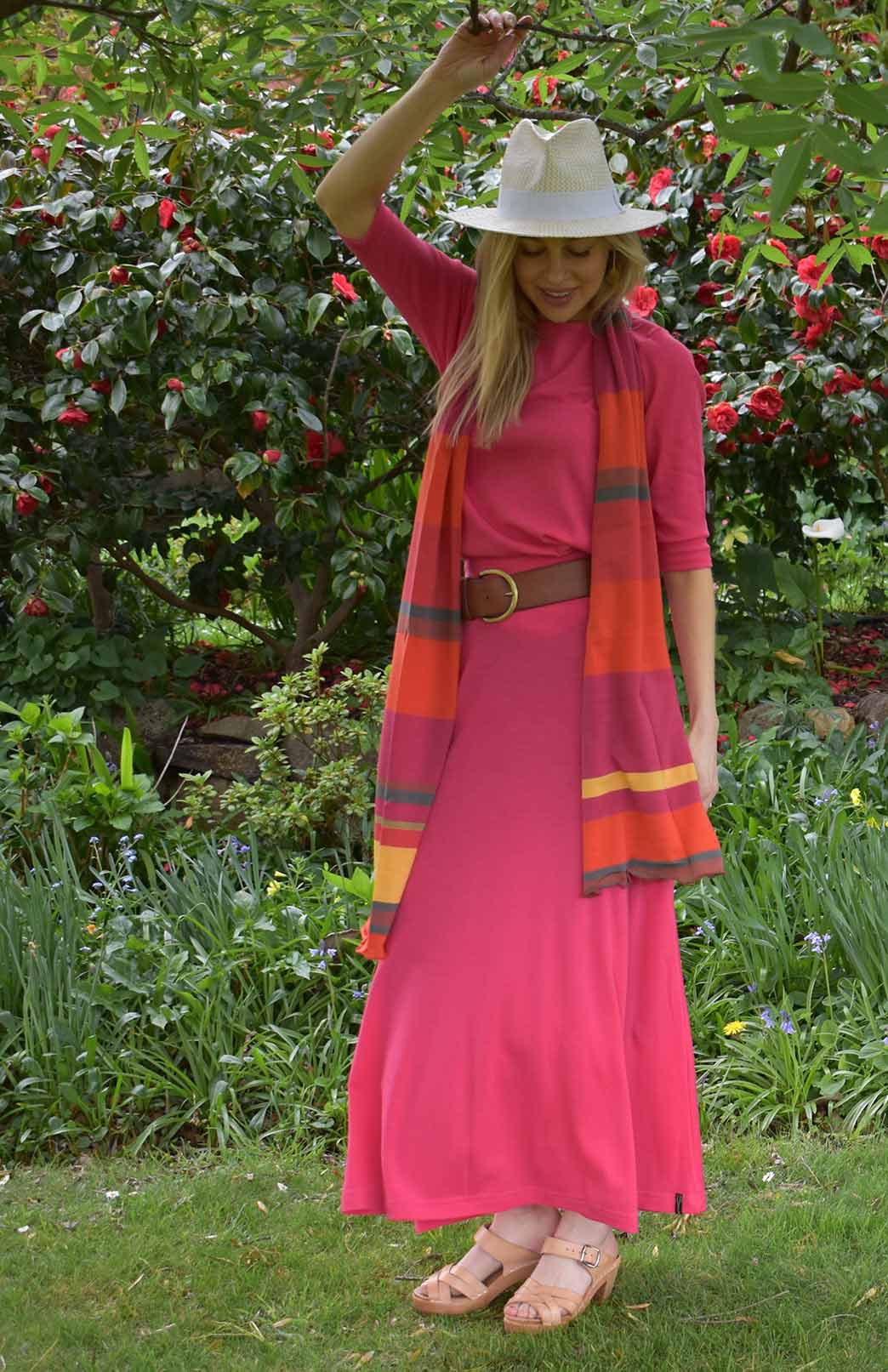 Lipstick Pink Women's Merino Wool Midweight A-Line Midi Skirt