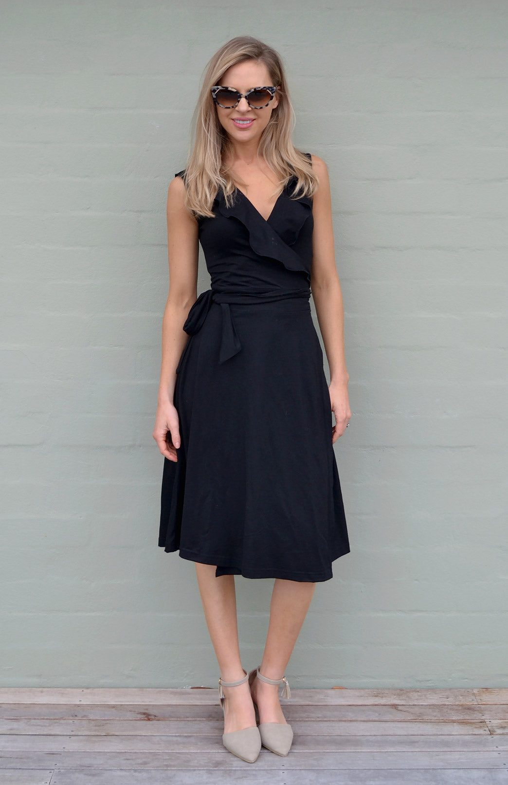 Black Women's Merino Wool Sleeveless Wrap Dress