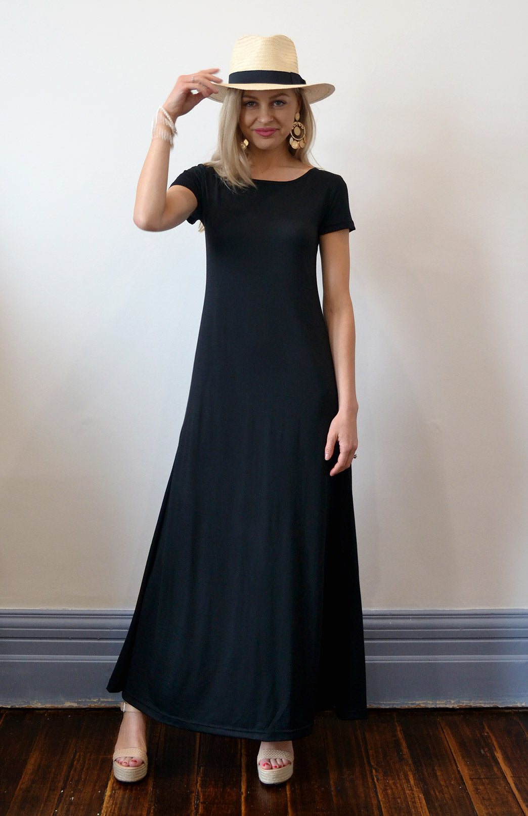 Black Women&#39;s Merino Wool Maxi Dress with Side Split
