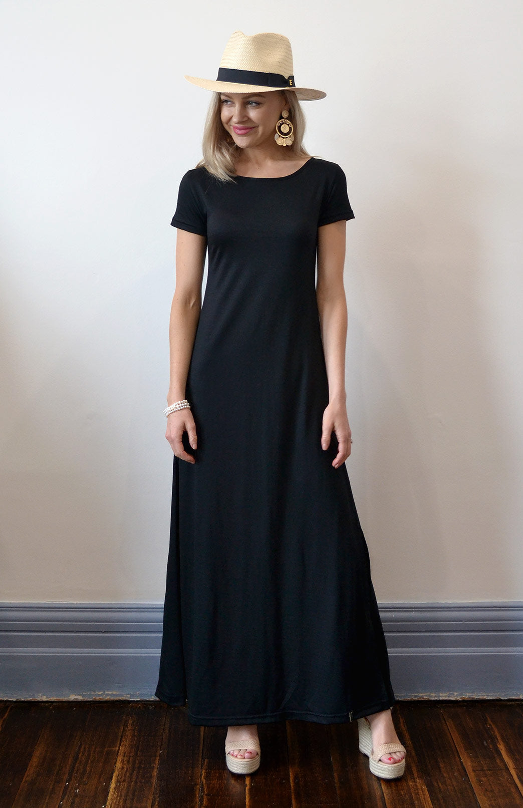 Black Women&#39;s Merino Wool Maxi Dress with Side Split
