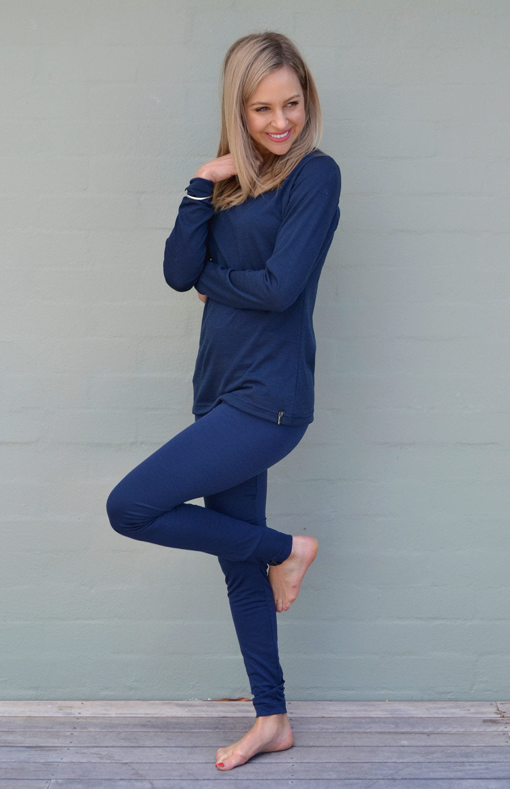 French Navy Blue Women's 210g Merino Wool High Waisted Leggings &amp; Yoga Pants 