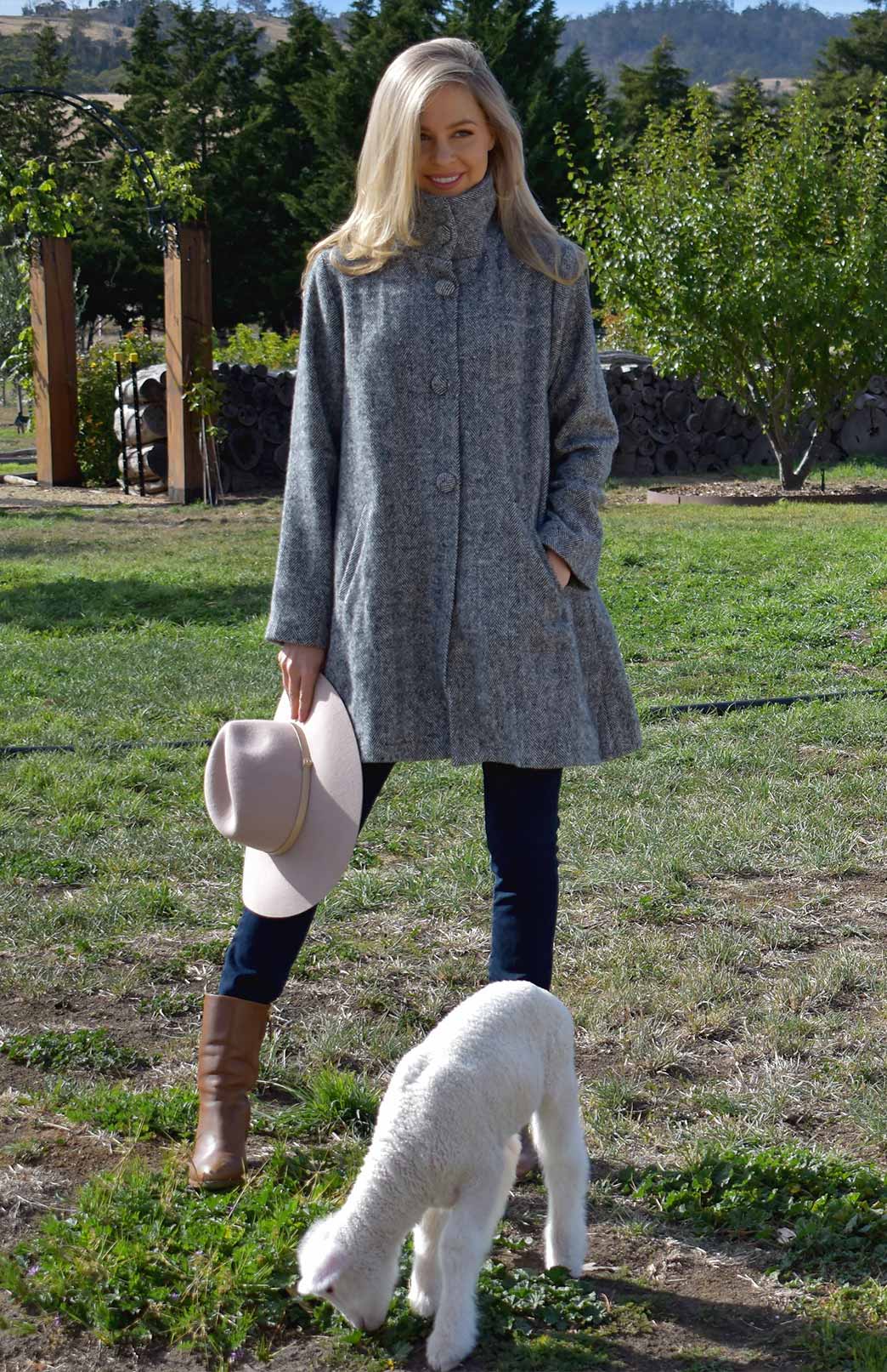 Graphite Herringbone Women's Merino Wool Winter Coat Waverley Woollen Mills