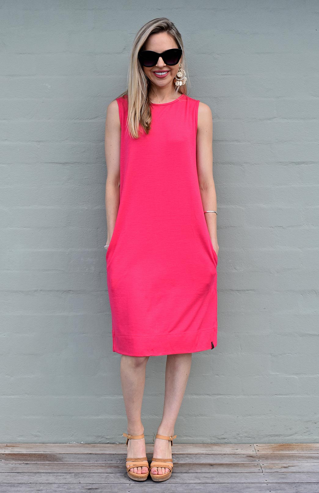 Lipstick Pink Women's Merino Wool Rib Sleeveless Shift Dress