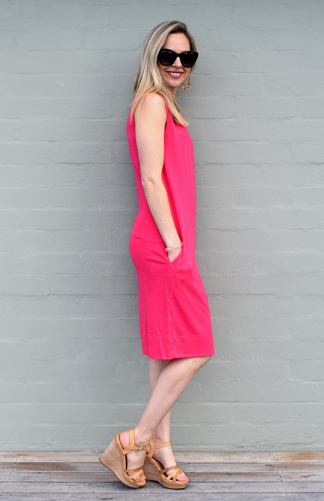 Lipstick Pink Women's Merino Wool Rib Sleeveless Shift Dress
