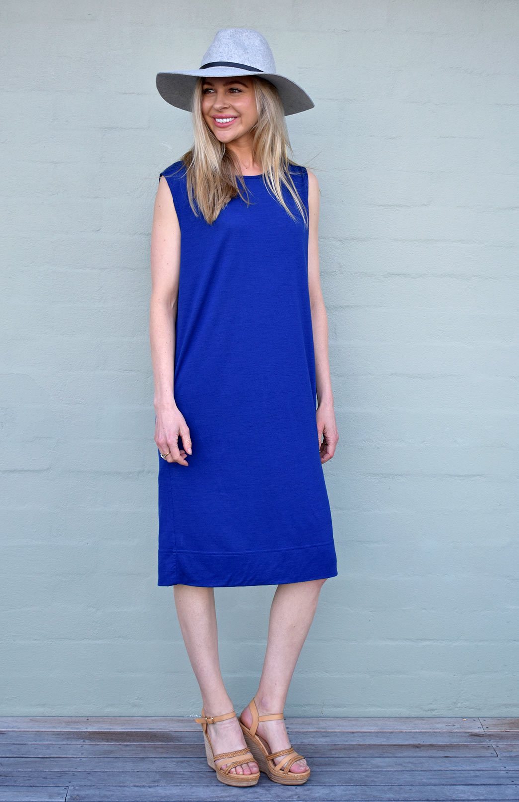 Sapphire Blue Women's Merino Wool Sleeveless Shift Dress