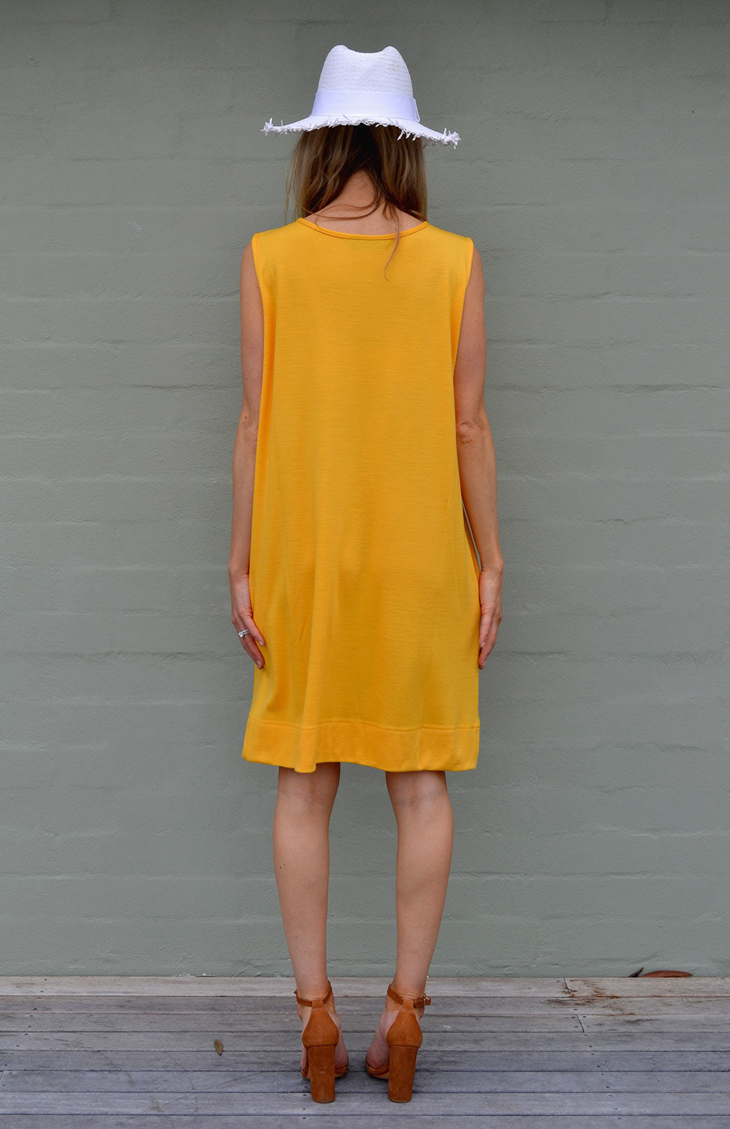 Dandelion Yellow Women's Sleeveless Shift Dress in Light 150gsm Pure Merino Wool