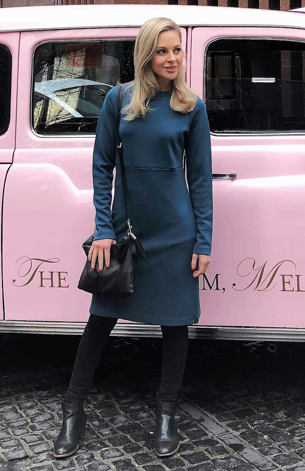 Storm Teal Women's Merino Wool Straight Dress with Long Sleeves