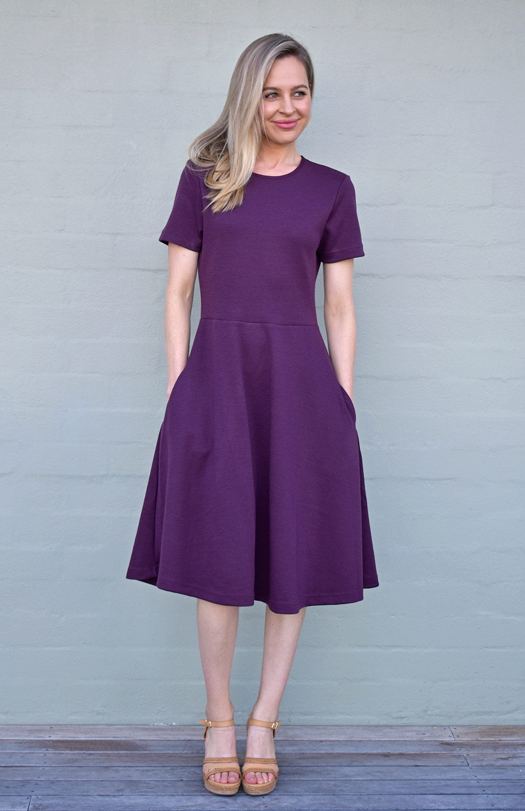 Aubergine Purple Women's Merino Wool Short Sleeve Trans-seasonal Dress