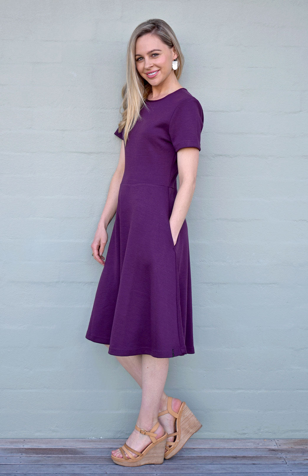 Aubergine Purple Women's Merino Wool Short Sleeve Trans-seasonal Dress