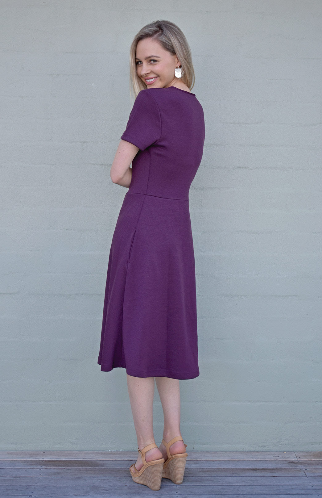 Aubergine Purple Women's Merino Wool Short Sleeve Trans-seasonal Dress