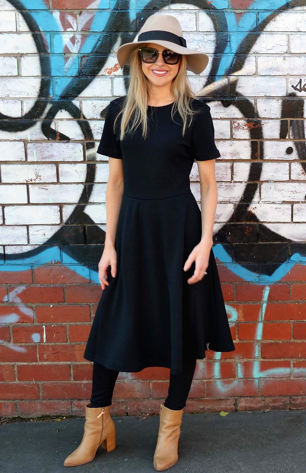 Black Women's Merino Wool Short Sleeve Trans-seasonal Dress