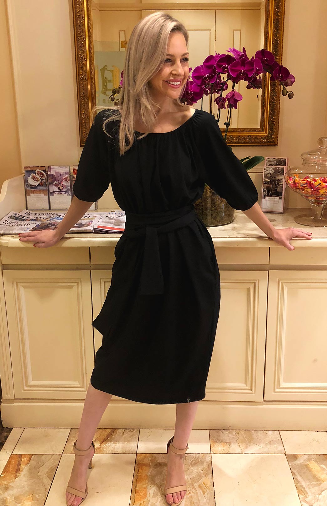 Black Women's Merino Wool Loose Fit Dress with Tie