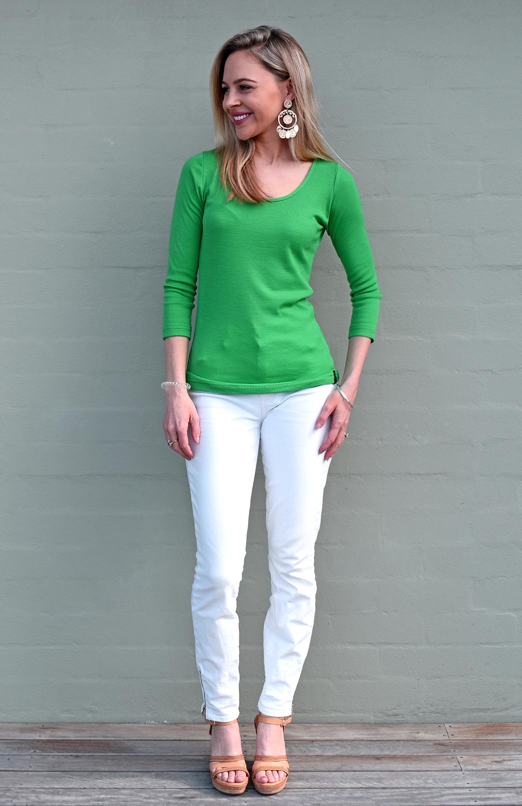 Kelly Green Women's Merino Wool 3/4 Sleeve Top
