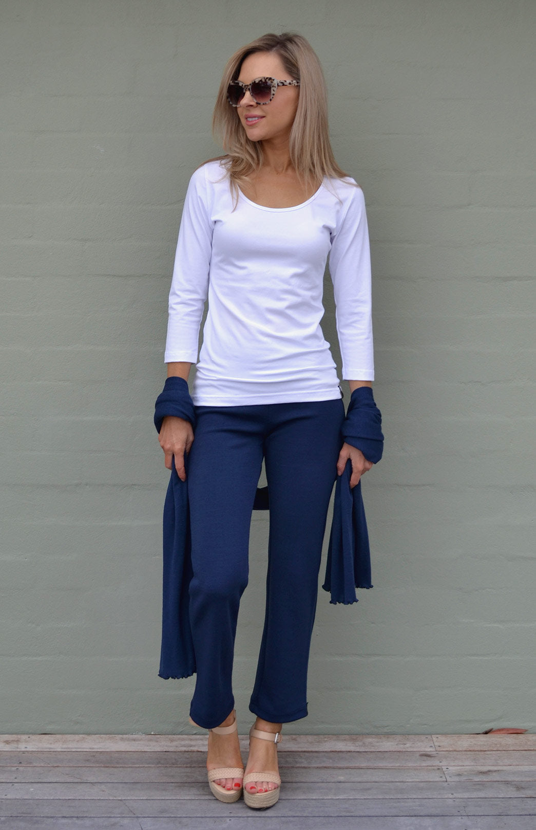 Crisp White Women&#39;s Super Scoop Neck 3/4 Sleeve Organic Cotton Top
