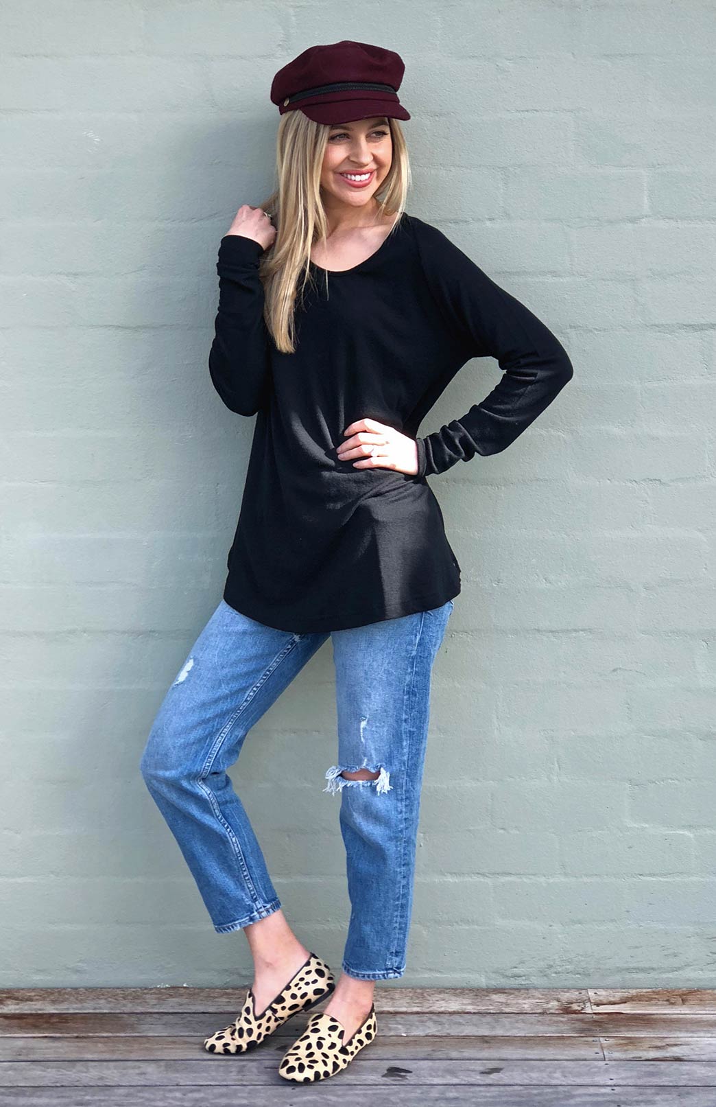 Black Women's Merino Wool Long Sleeve Top with Raglan Sleeves