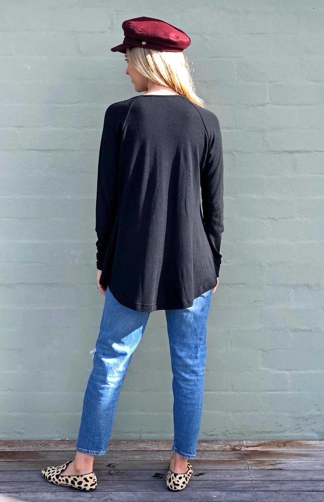 Black Women's Merino Wool Long Sleeve Top with Raglan Sleeves