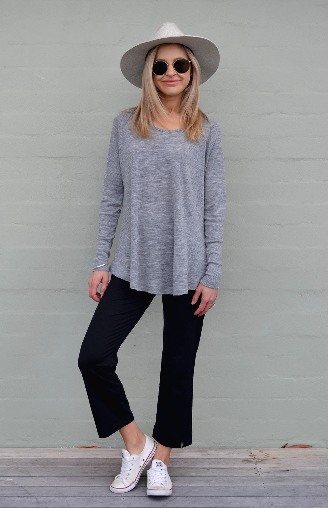 Light Grey Marl Women's Merino Wool Long Sleeve Top with Raglan Sleeves