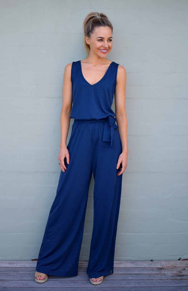 Mori Merino Wool Fine Knit Jumpsuit in Deep Indigo