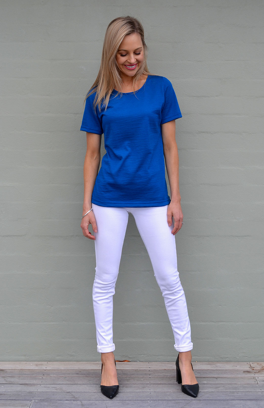 Royal Blue Women's Merino Wool Short Sleeve Round Neck T-Shirt Top