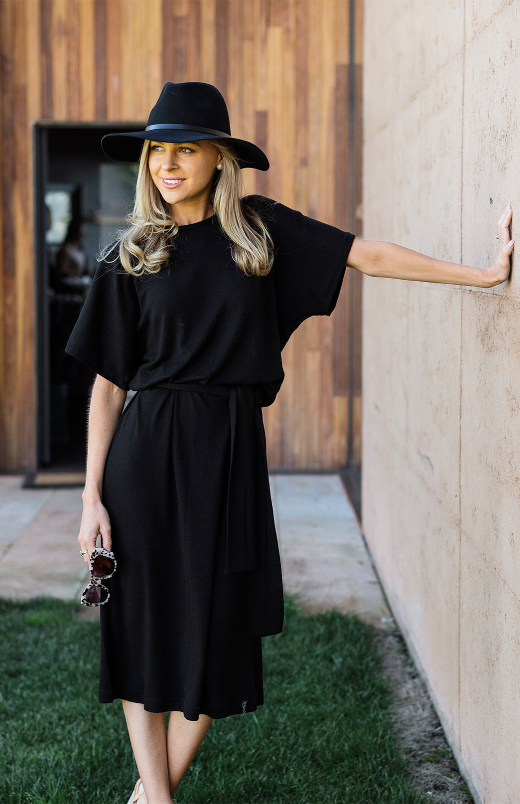 Black Women&#39;s Merino Wool Loose Fit Dress with Waist Tie

