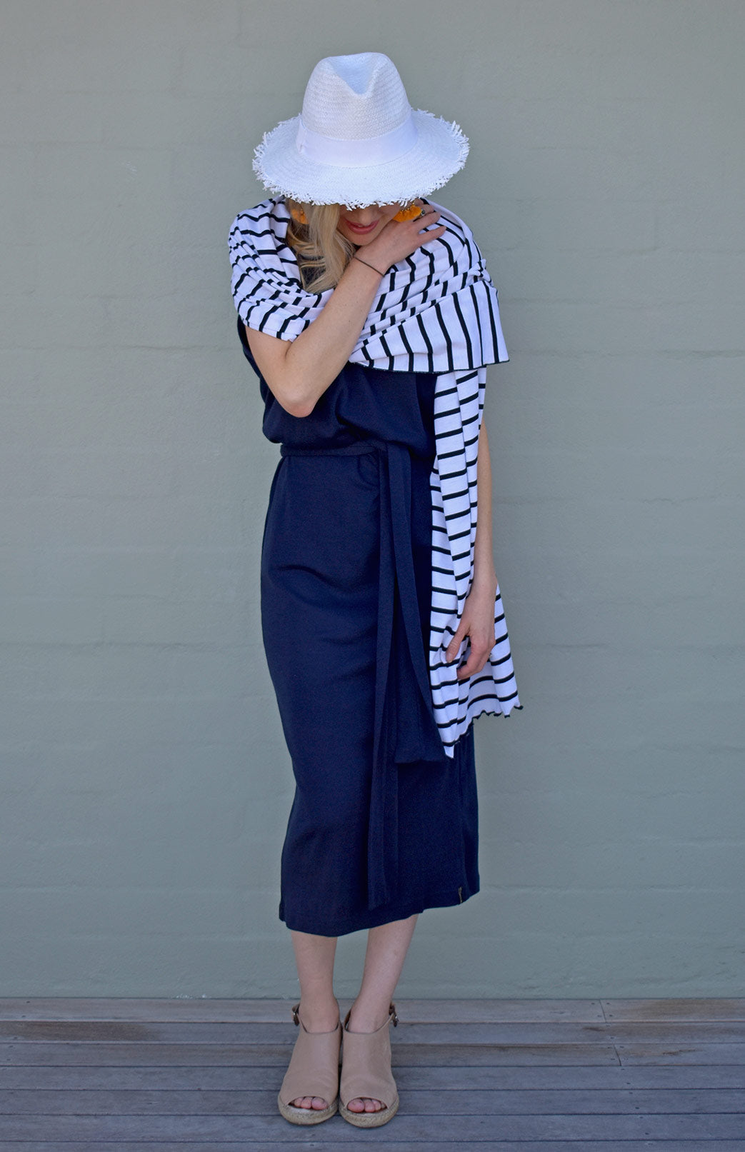 French Navy Blue Women's Merino Wool Loose Fit Dress with Waist Tie