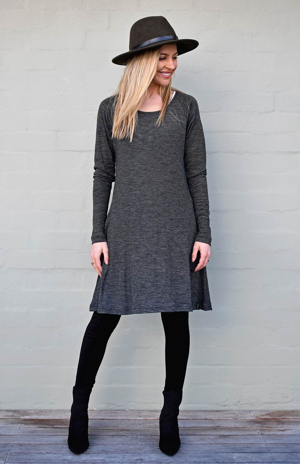 Black Pinstripe Women&#39;s Merino Wool Swing Dress with Long Sleeves
