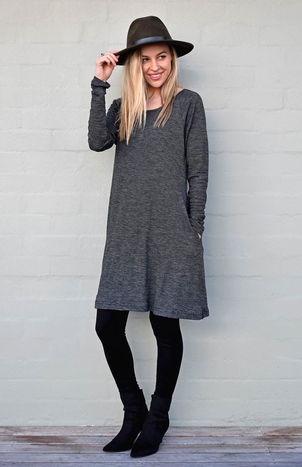 Black Pinstripe Women's Merino Wool Swing Dress with Long Sleeves