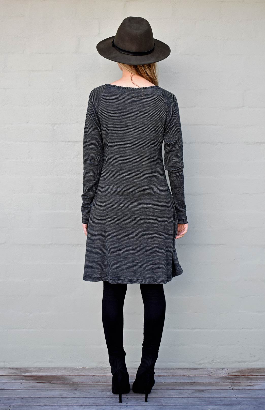 Black Pinstripe Women's Merino Wool Swing Dress with Long Sleeves