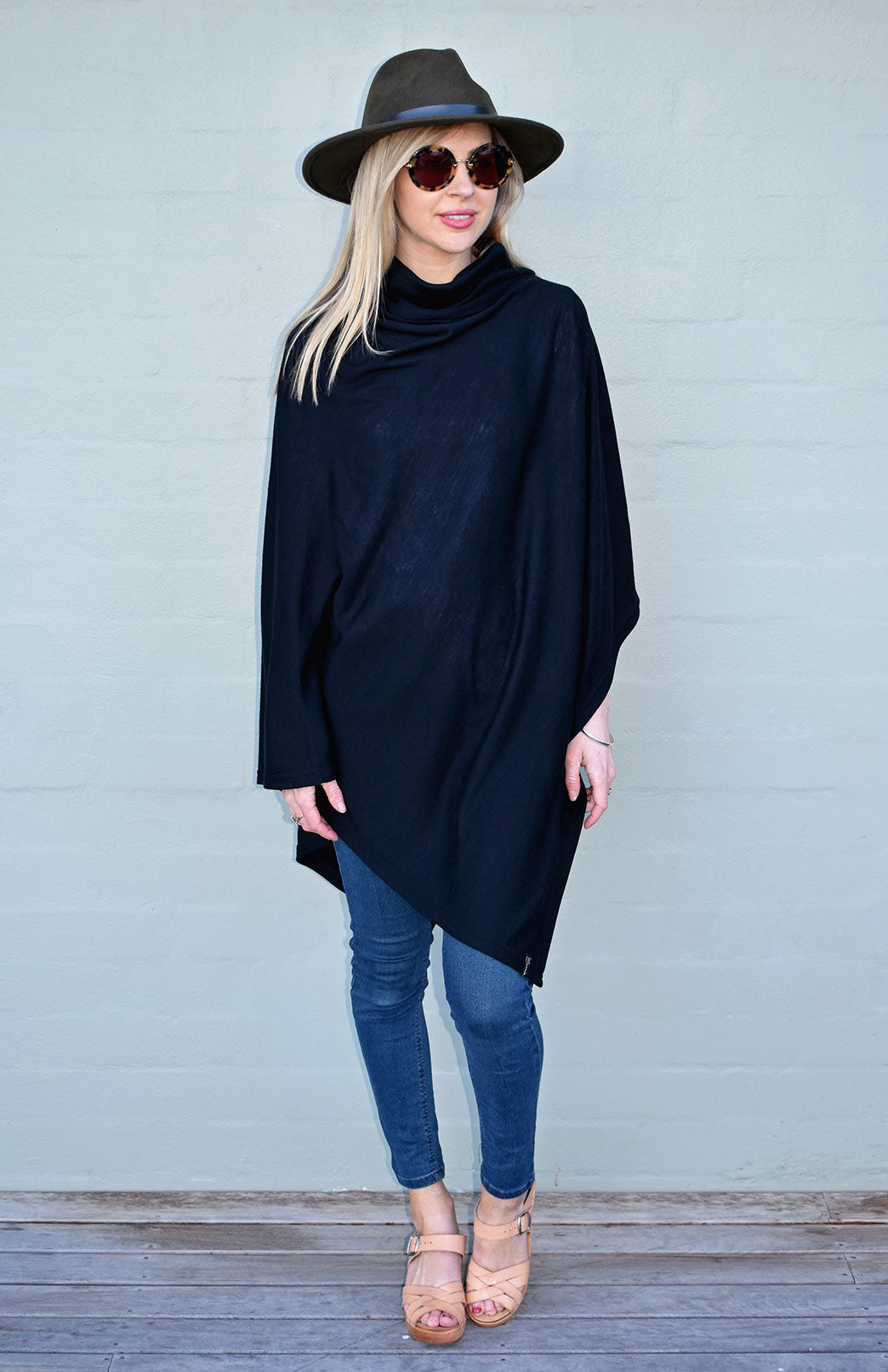 Black Women's Merino Wool Polo Neck Poncho