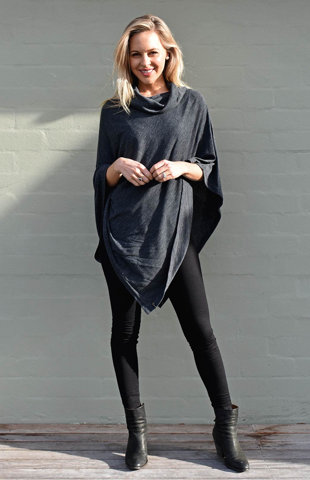 Charcoal Marl Women's Merino Wool Polo Neck Poncho