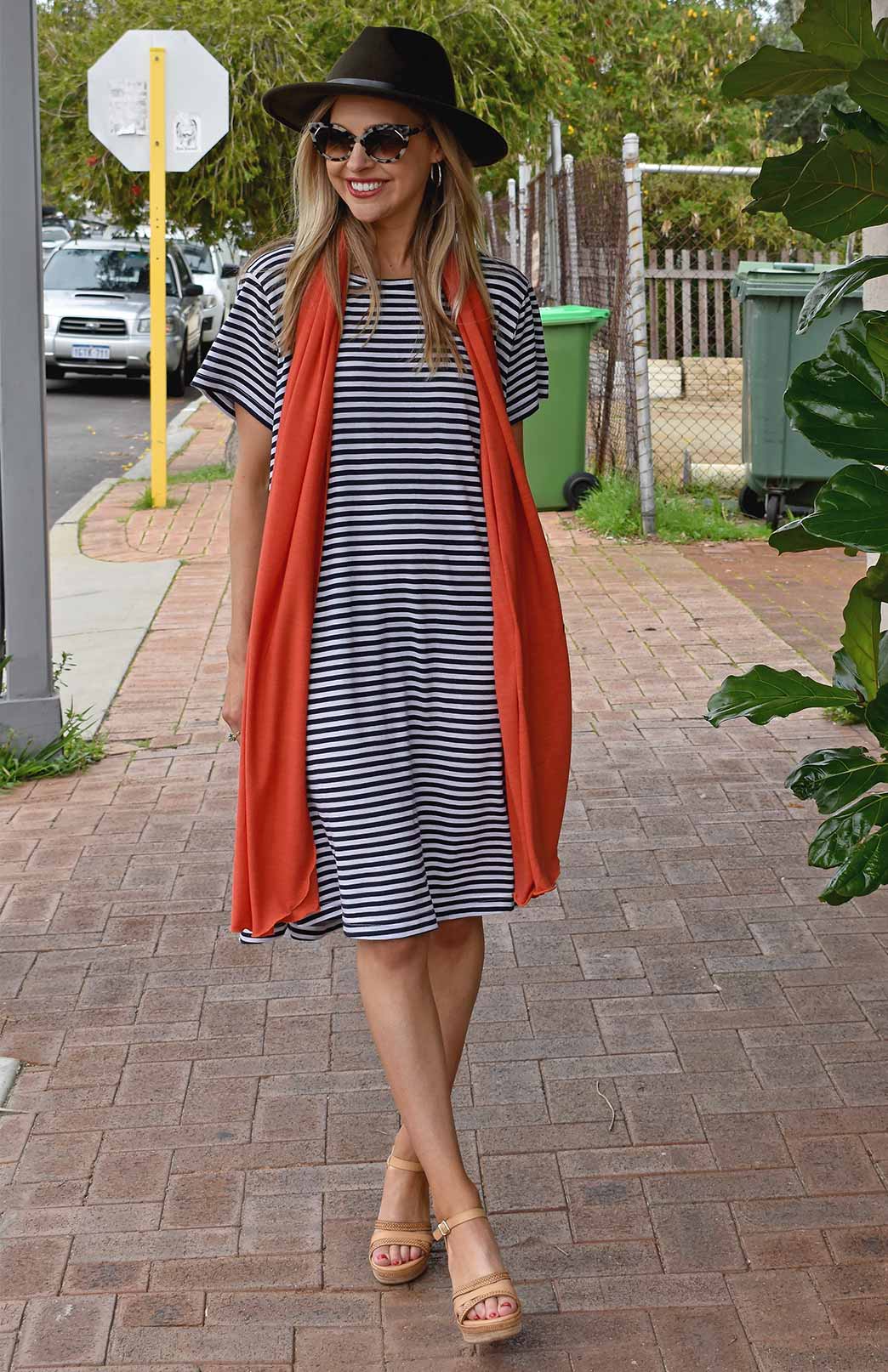 Navy Blue and White Narrow Stripe Women's Merino Wool Loose Fit Dress with Short Sleeves and Side Pockets