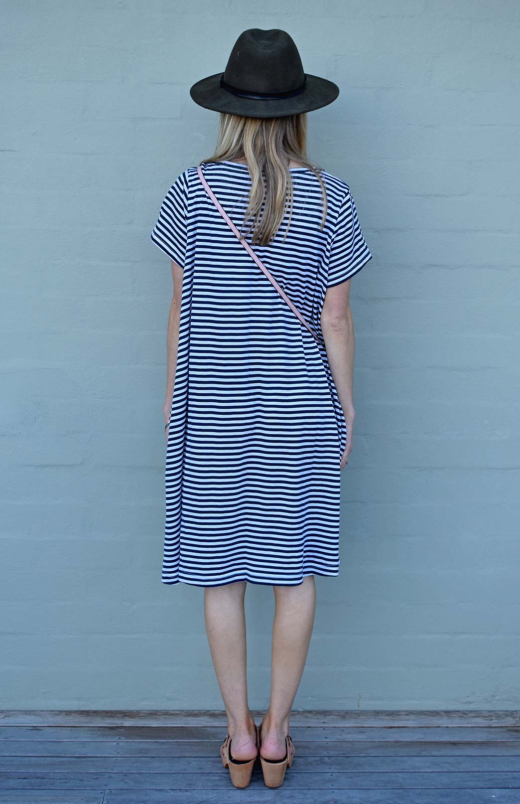 Navy Blue and White Narrow Stripe Women's Merino Wool Loose Fit Dress with Short Sleeves and Side Pockets