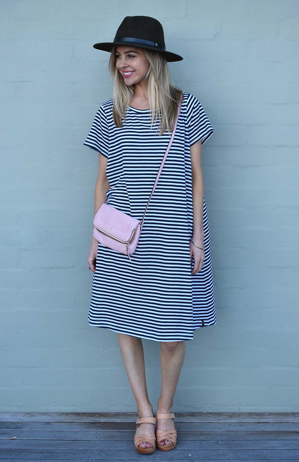 Navy Blue and White Narrow Stripe Women's Merino Wool Loose Fit Dress with Short Sleeves and Side Pockets