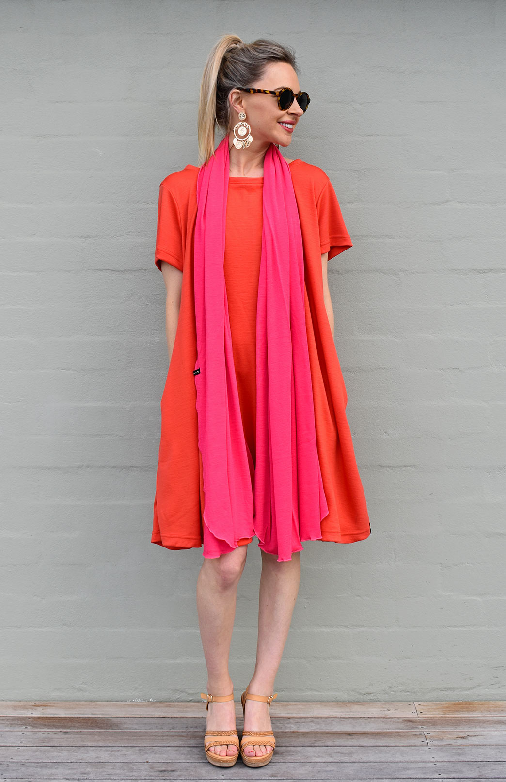 Paprika Orange Women's Merino Wool Loose Fit Dress with Short Sleeves and Side Pockets
