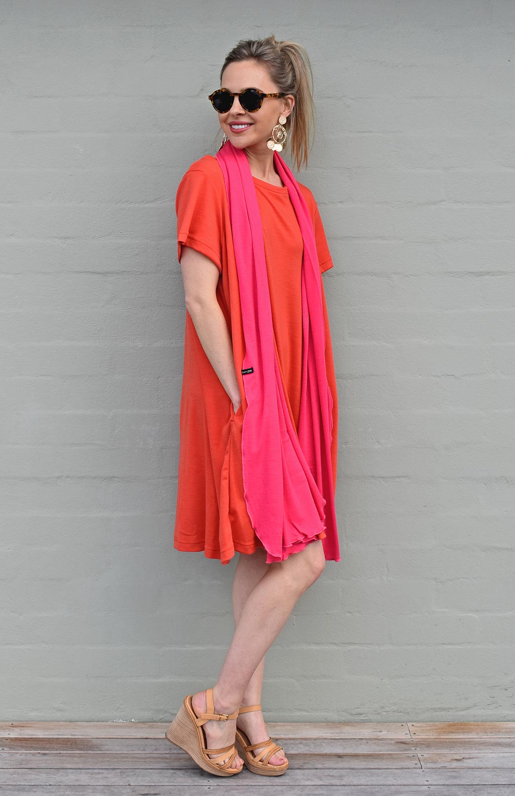 Paprika Orange Women's Merino Wool Loose Fit Dress with Short Sleeves and Side Pockets